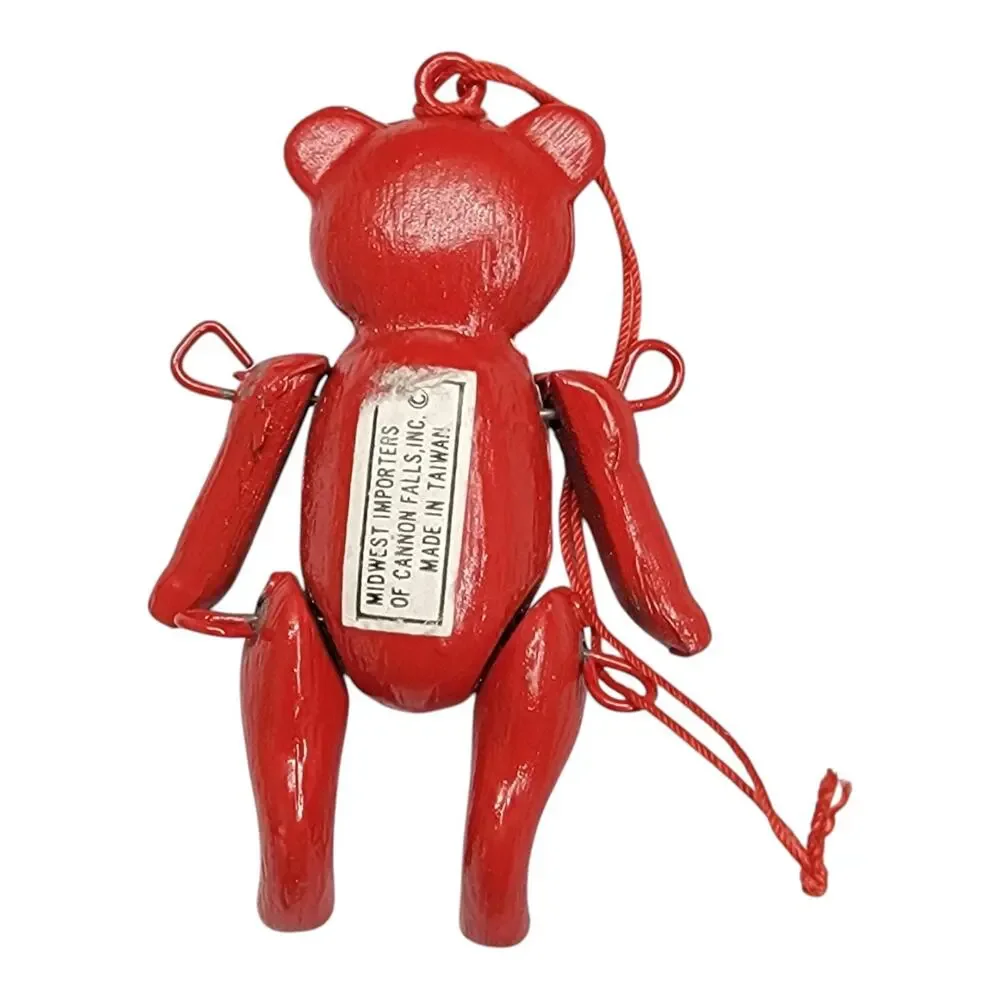Vintage Midwest Importers Red Metal Jointed Teddy Bear Ornament Taiwan Christmas